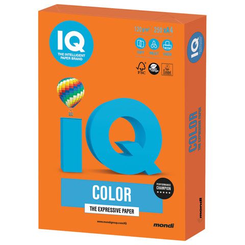 Бумага цветная IQ color, А4, 120 г/м2, 250 л., интенсив, оранжевая, OR43